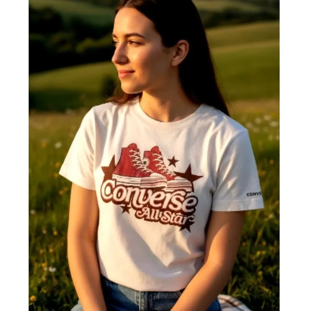 Converse All Star Girls White w/ Red Puffy Logo Tee - Youth Medium